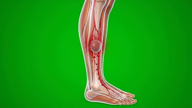 3D Medical Animation Of Deep Vein Thrombosis In The Leg Showcasing Blood Clots In Lower Leg With Green Chroma Key Background