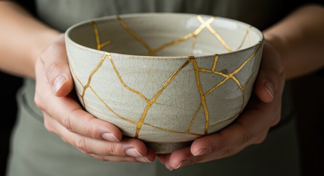 Person holding a ceramic bowl repaired with golden lines