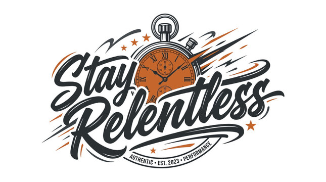 Stay Relentless typography design with stopwatch illustration.