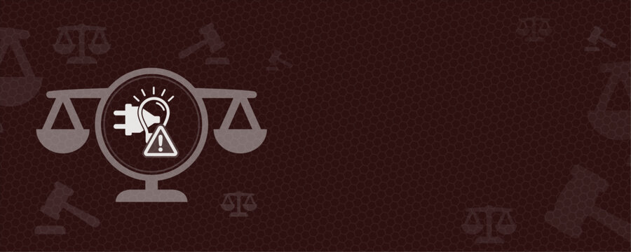 Law concept illustration featuring a balance scale, power plug, and warning sign. This design provides ample copy space for legal text, emphasizing energy regulation and justice law issues.