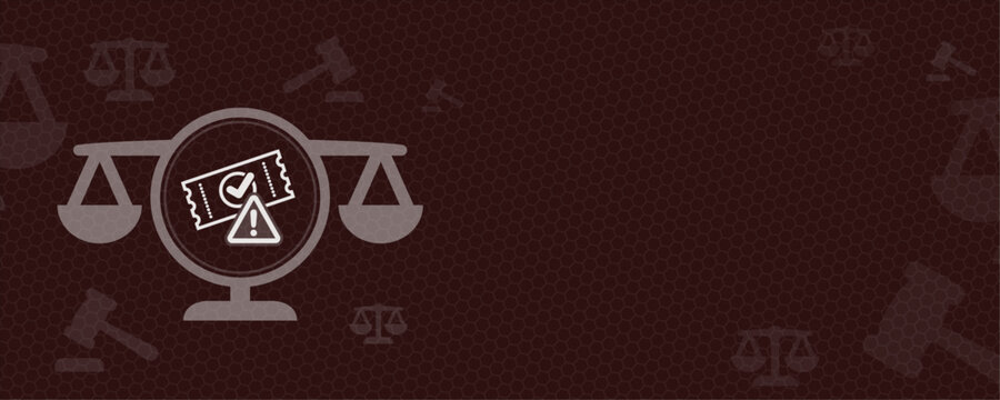 Digital illustration featuring a legal scale icon with a ticket and warning symbol, providing ample copy space for legal and justice concepts, regulations, and legislative topics.