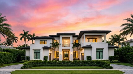 Fototapeta premium Stunning Luxury Mansion at Sunset - A Dream Home with Palm Trees and Lush Greenery.