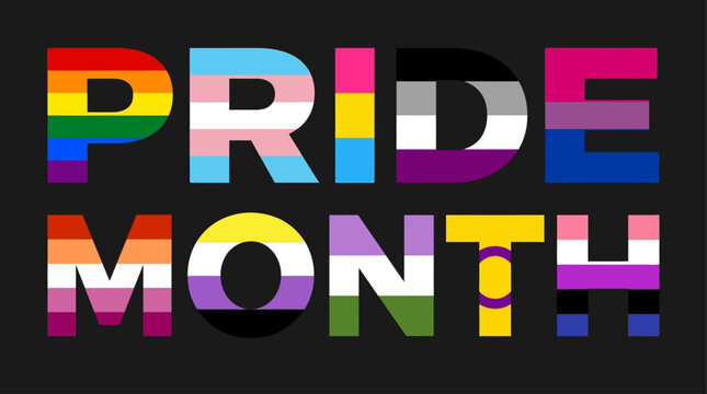 Vibrant Pride Month Typography Illustration Featuring LGBTQ+ Sexual Identity Flags and Rainbow Colors for Diversity and Inclusion Celebration Backdrop Graphic Design Element