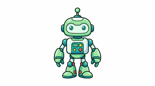 A green robot with a rounded head and colorful buttons on its chest