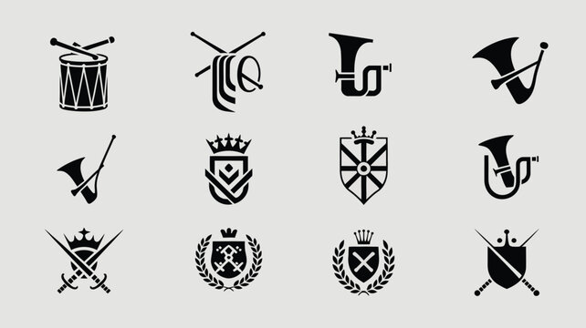 Military and battle symbols drum bugle cannon sword and flag vector icons.