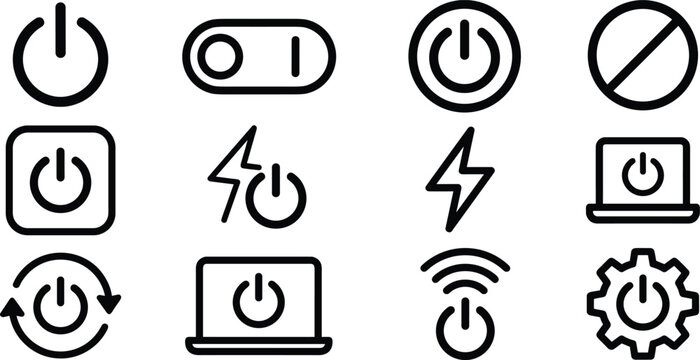 Power Button and Turn Off Icon Set with On Off Switch Toggle Laptop Restart Energy Lightning Wifi and Gear Symbols Linear Vector Graphics