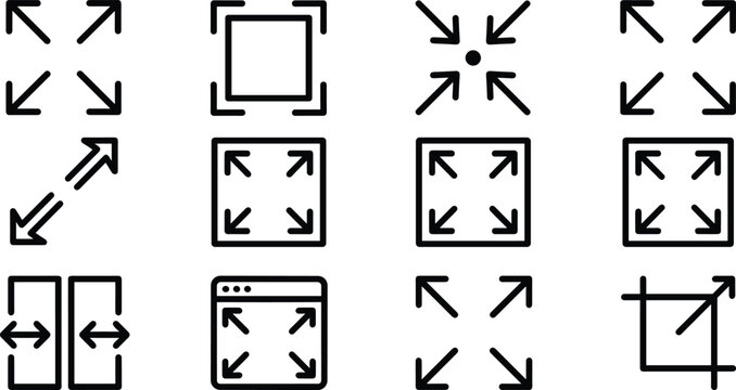 Fullscreen and Minimize Icon Set with Expand Collapse Zoom Resize Crop Screen and Scale Diagonal Arrow Symbols for Media Players and UI Linear Vectors