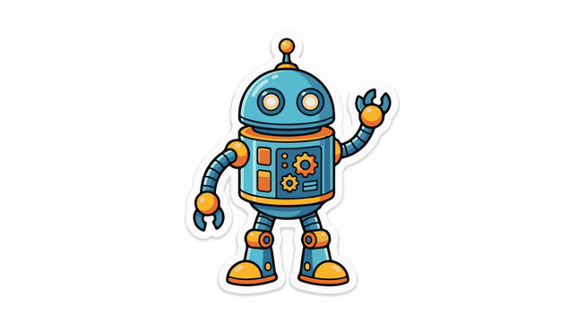 A blue robot with orange accents waves (1)