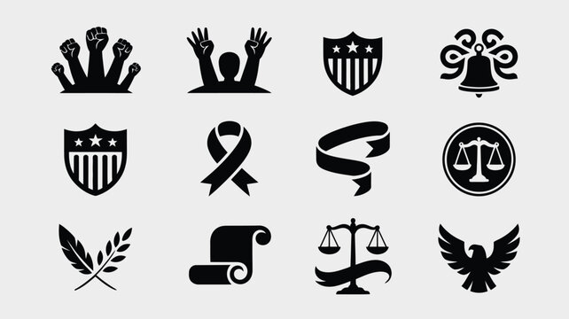 Collection of american symbols including eagle, scales of justice, and liberty bell.