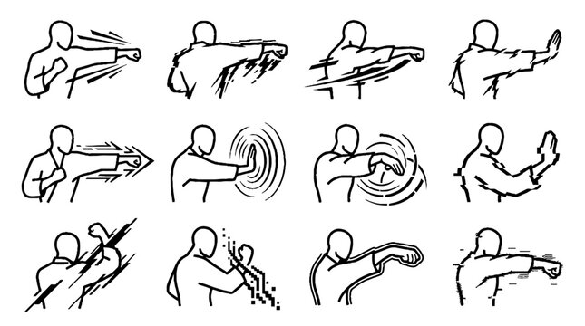 Martial Arts Karate Punching and Blocking Technique Icons Set.