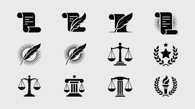 Set of black law and history related icons including scrolls quills scales and government.