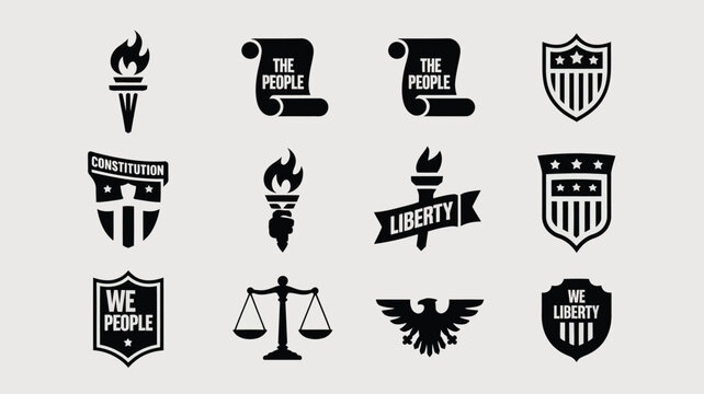 Liberty and constitution shield emblems featuring torches and scales of justice icon set.