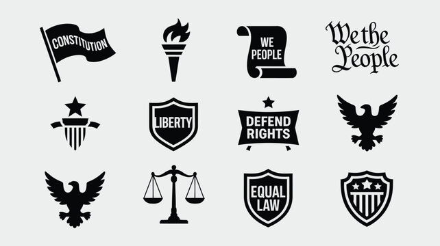 American democracy symbols and legal justice icons collection with liberty and law themes.