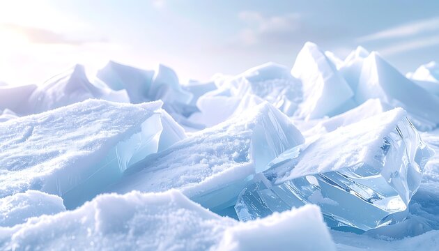 Frozen ice chunks in polar landscape.