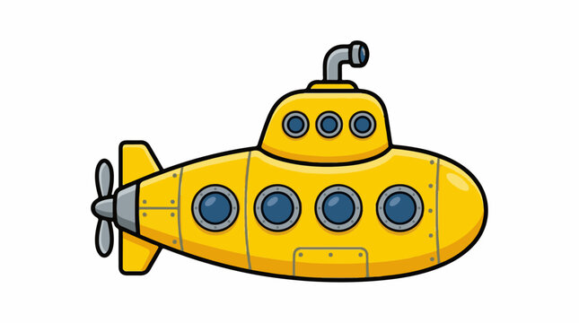 A cartoon-style yellow submarine with a propeller and periscope on a white background