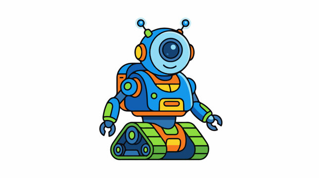 A cute robot with a large eye and colorful design on a white background