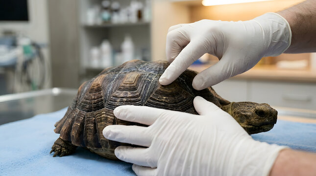 Veterinarian examining sulcata tortoise shell for pyramiding and health assessment