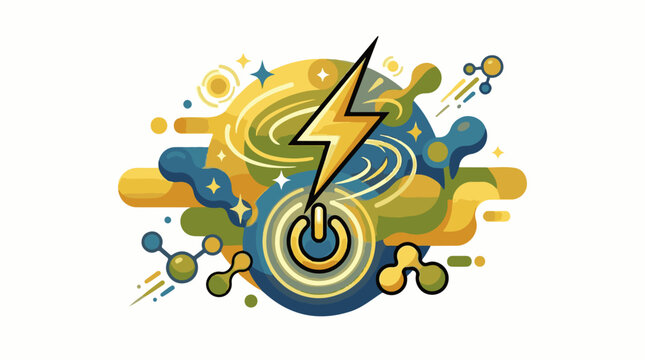 A colorful abstract illustration of a power button with a lightning bolt and swirling shapes