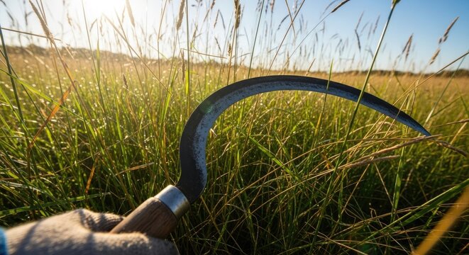 Hand holding sickle in green grass.