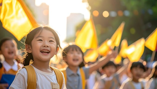 Happy children waving yellow flags outdoors.