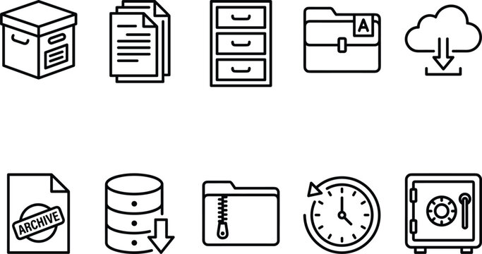 Data Archiving and Document Management Icon Set for Cloud Storage Server Database Download Safe Box Folder and File Compression Outline Vectors