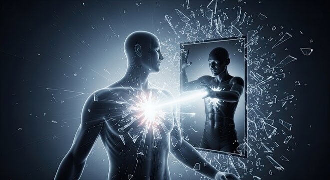 Human body silhouette with glowing spine.