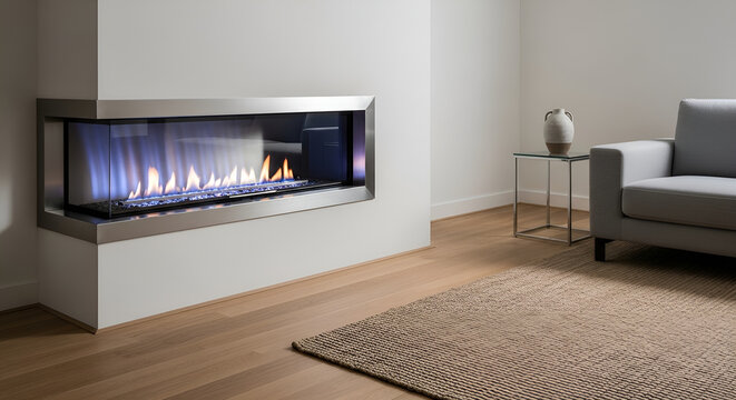 Modern living room with electric fireplace and gray sofa