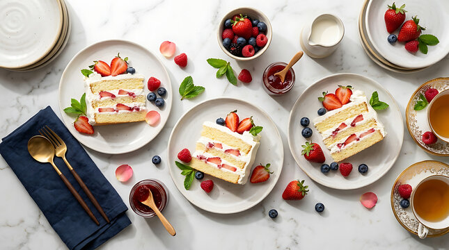 Strawberry Layer Cake Slices with Fresh Berries on Marble Table