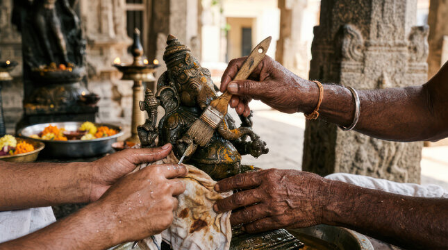 Devotees perform ritualistic worship of a deity statue.