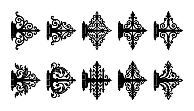 Collection of ornate antique iron door hinges, showcasing intricate black metal scrollwork designs perfect for architectural restoration or decorative metalwork projects