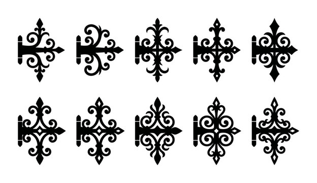 Collection of ornate wrought iron decorative scrollwork hinges and brackets, designed in vintage medieval and gothic architectural styles for doors and gates