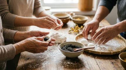 Fototapeta premium Family members hands preparing dough for baking together in kitchen.