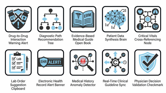 collection of flat design medical icons illustrating various healthcare concepts, such as drug-to-drug interaction warnings, diagnostic pathways, evidence-based medicine, patient data analysis