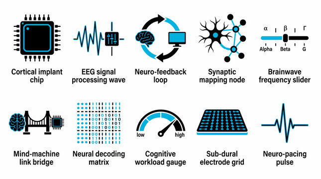 collection of vector illustrations representing various components and concepts in computational neuroscience and brain-computer interfaces, including cortical implants, neural processing