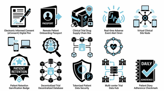 collection of icons representing various aspects of decentralized clinical trials, including patient engagement, data security, and trial management.