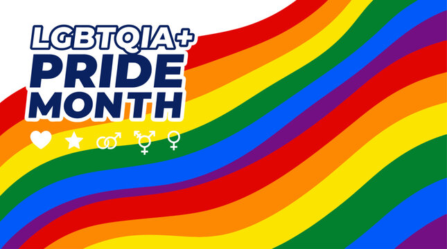 Vibrant LGBTQIA pride month celebration web banner featuring a colorful rainbow flag background with geometric elements, perfect for digital marketing and social media header vector template.