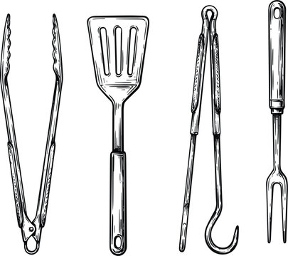 Barbecue tools set with tongs, spatula, meat hook, fork for grilling, backyard bbq banner