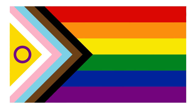 Set of updated inclusive progress pride flag designs featuring intersex circle elements, rainbow stripe patterns, and chevron icons for diversity awareness and community representation vector.