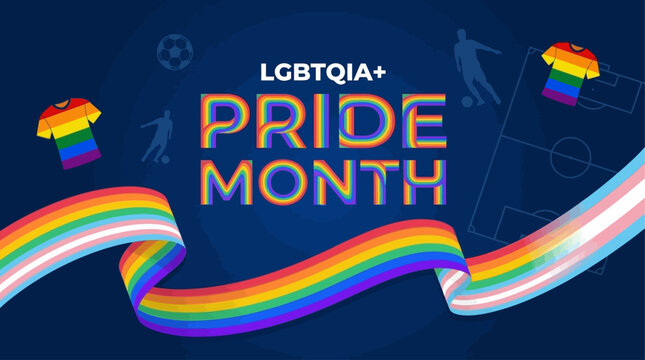 Vibrant Pride Month celebration web banner featuring artistic typography and colorful rainbow striped background for LGBTQ+ awareness, equality, and inclusive community support event.