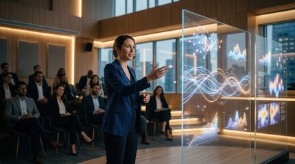 Fototapeta premium Businesswoman Presenting Data Analytics on Transparent Glass Screen