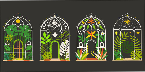 Greenhouse Illustrations With Tropical Plants Vector Art On Dark Background © Sukla