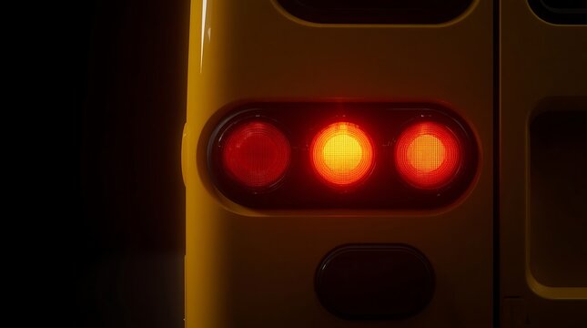 Close-up of a school buss illuminated red brake lights at dusk, highlighting safety features.