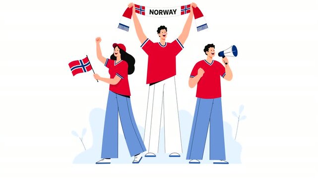 Editorial vector animation of Norway football supporters celebrating victory with flags, scarves, and cheers. Modern flat character motion graphics for soccer, sports events, and Norwegian fans.