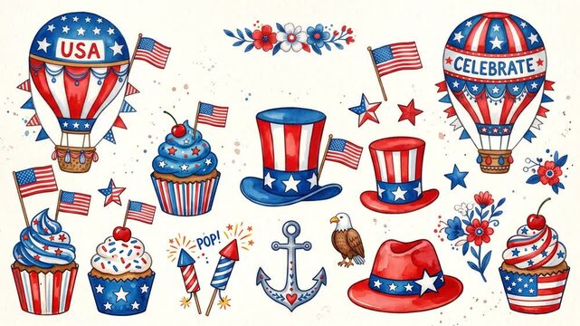 Watercolor patriotic elements set for Independence Day celebration
