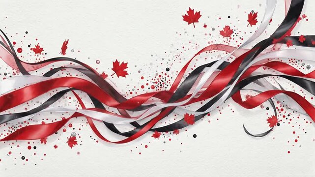 Waving red, white and black ribbons with Canadian maple leaves motion