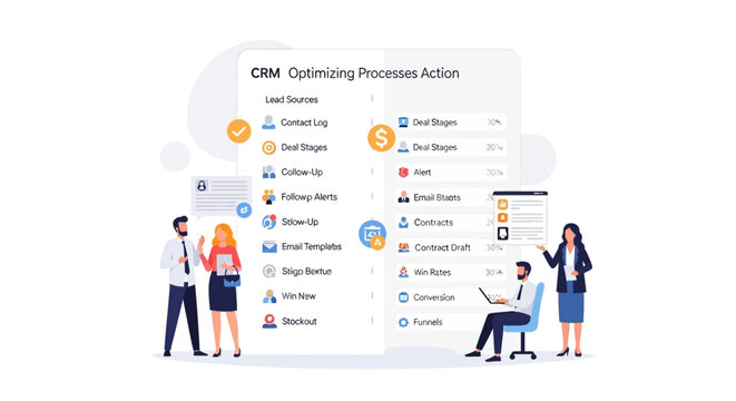 Business professionals working on CRM software optimization and customer relationship management.