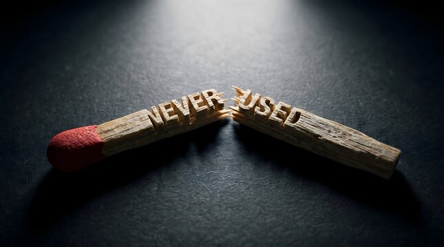 A broken, unburnt matchstick with the words 'NEVER USED' carved into its wooden body, symbolizing unfulfilled potential, wasted talents, and the tragedy of being broken before ever shining.