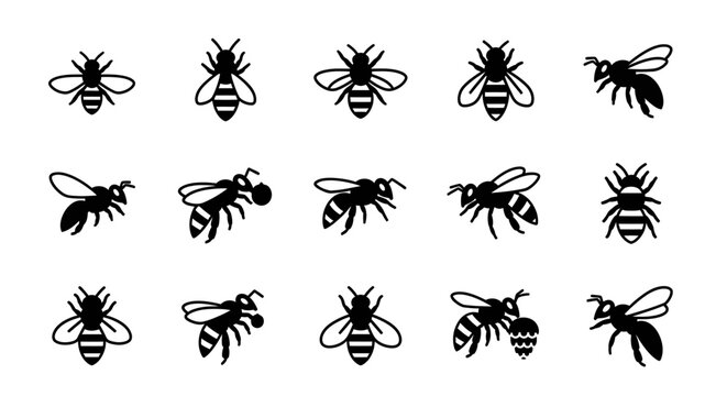 Black silhouettes of bees in various flight positions on white