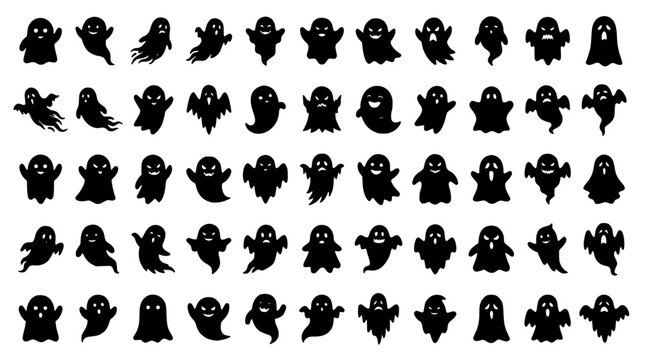 Ghost Silhouette Icons Grid with Assorted Spooky Figures, Flying Shapes and Hanging Forms for Halloween Decoration Concept