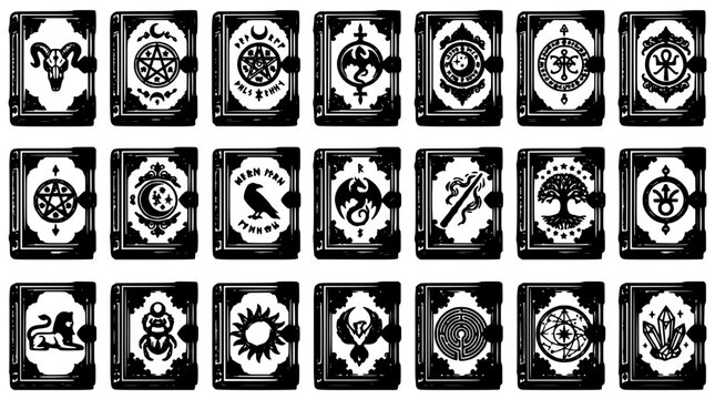 Magical Spell Books with Mystical Symbols and Ornate Designs on Covers Featuring Fantasy, Arcane, Ancient with Esoteric